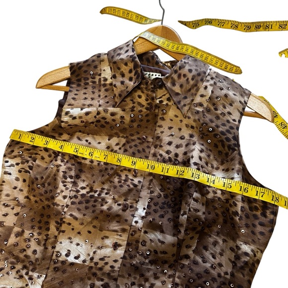 VTG ICE Leopard Print Brown Tan Beaded Silk Sleeveless Button Down Blouse Medium - Picture 7 of 8